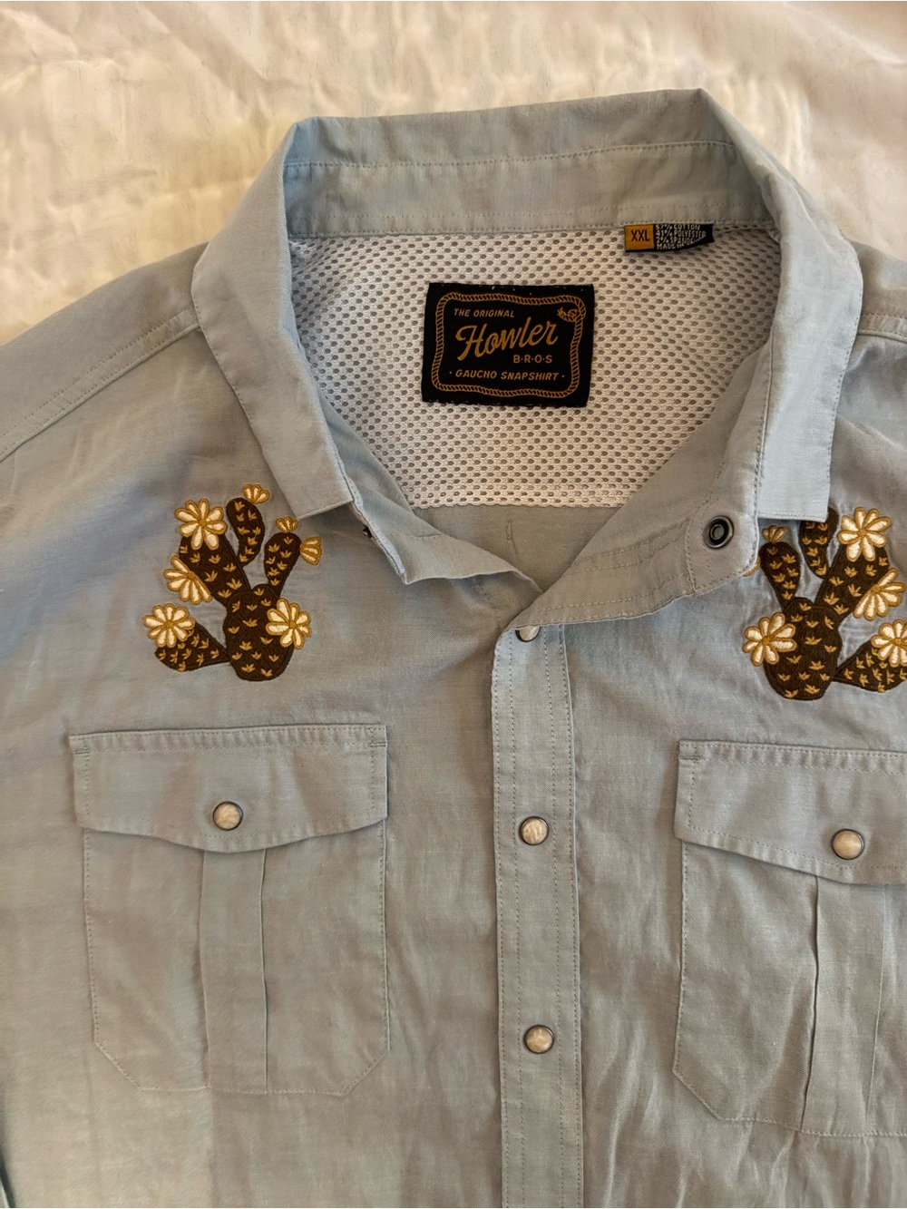 Howler Brothers Light Blue Button-Down Shirt with Brown & Gold Cactus Embroidery
